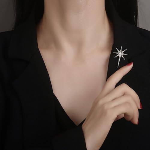 Image of Creative Octagram Star Brooch Pin Eight Awn Star Snowflake Zircon Badge Pins for Clothes Hats Elegant Suit Lapel Pin Shirt Collar Pin Jewelry Gifts for Women Men