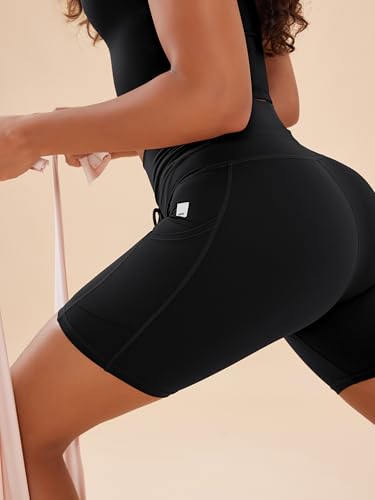 ODODOS Women's Drawstring Tie Daily Shorts with Pockets 6" Inseam High Waist Workout Yoga Biker Shorts2