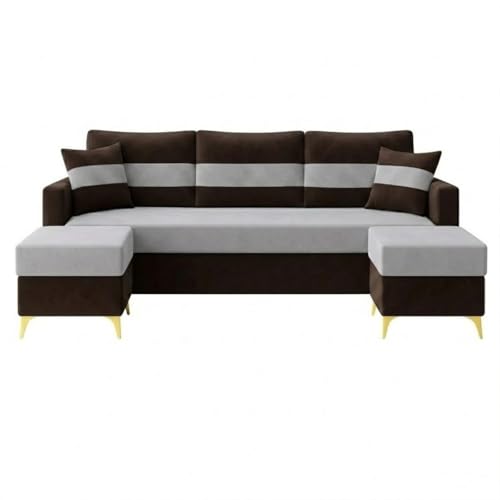 Image of SOCOZI Bastian 5 Seater L Shape Sofa Set with 2 Movable Ottomans | Flexible Layout| Soft Velvet Suede Fabric|Modern Sofa with Golden Legs|Comfort Cushions for Living Room (Dark Brown-Light Grey)
