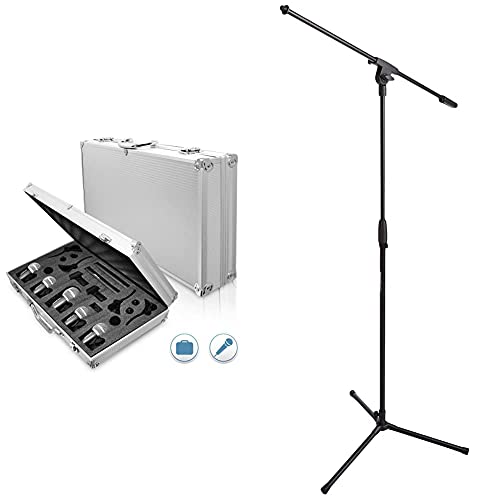 Pyle-Pro 7-Piece Wired Dynamic Kit-Kick Bass, Tom/Snare & Cymbals Microphone Set-For Drums & Amazon Basics Tripod Boom Microphone Stand #TOP5