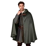 HAPNBCELE Adults Medieval Cloak with Hood, Renaissance Cape Costume Halloween Wizard Cosplay LARP Renaissance Fair RPG Party Wassailing Festival (Green, 51''/130cm)