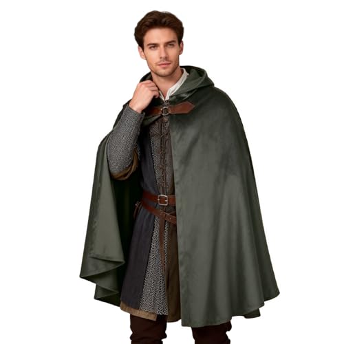 HAPNBCELE Adults Medieval Cloak with Hood Renaissance Cape Costume Halloween Wizard Cosplay LARP Renaissance Fair RPG Party (Army Green 39.3/100cm)