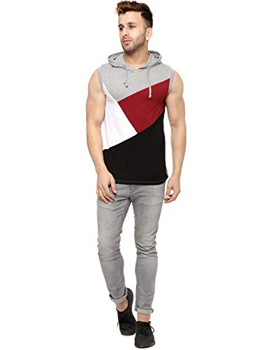Image of GRITSTONES Men's Cotton Hooded Sleeveless Grey Melange /Black Cotton T-Shirt