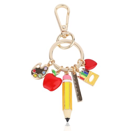 Mikovivi Teacher Keychain, Colorful Zinc Alloy Cute Apple Pencil Purse Pencil Apple Key Chain Bag Charm Keyring Teacher Stuff Accessories for Appreciation Key Ring Women Gifts
