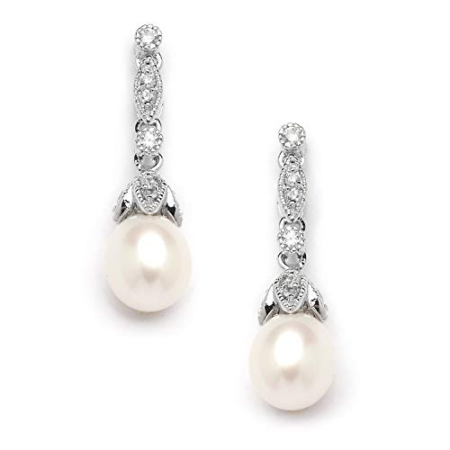 Mariell Cultured Freshwater Pearl Bridal Drop Earrings with Cubic Zirconia Crystals, Ivory Pearl Wedding Earring for Brides, Bridesmaids, Mother of the Bride and Everyday Wear