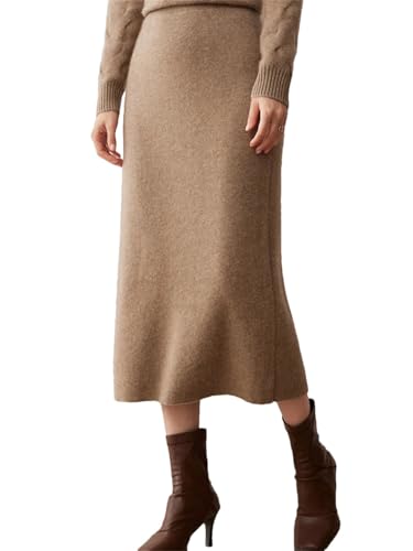 Women's 100% Cashmere Skirts Office Lady Fall Winter Basic Fit Knitted High Waist Straight Skirt Lighttan XL