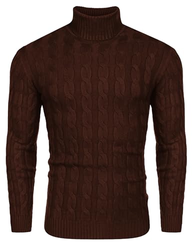 COOFANDY Pull à col roulé pour homme Pull basique en tricot à motif torsadé Sweatshirt Pull homme Sweater Col roulé T-shirt à manches longues, Café...