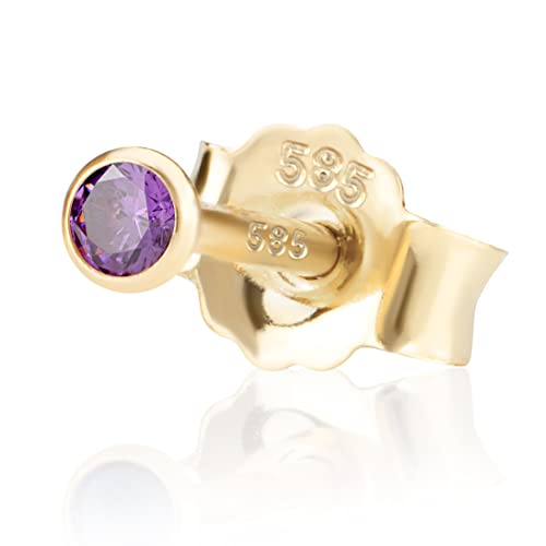 NKlaus Einzel 2,0mm 585 Gelb Gold 14 Karat Ohrstecker Kristall Zirkonia Amethyst Butterfly Verschluss Damen Mädchen 10988