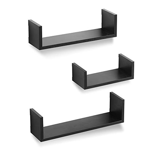 Americanflat Black Floating Shelves - Set Of 3 - U Shaped Wall Mounted Display Ledges For Bedroom, Living Room, Bathroom, Kitchen, And Office #TOP17