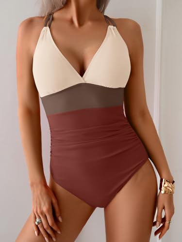 Image of Aidonger Women's One Piece Color Block Swimsuit Tummy Control Slimming Bathing Suit V Neck Cutout High Waisted Swimwear