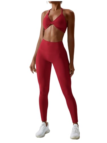 Image of ABOCIW Workout Sets for Women Twist Front Halter Sports Bras High Waist Legging 2 Piece Exercise Gym Yoga Outfit