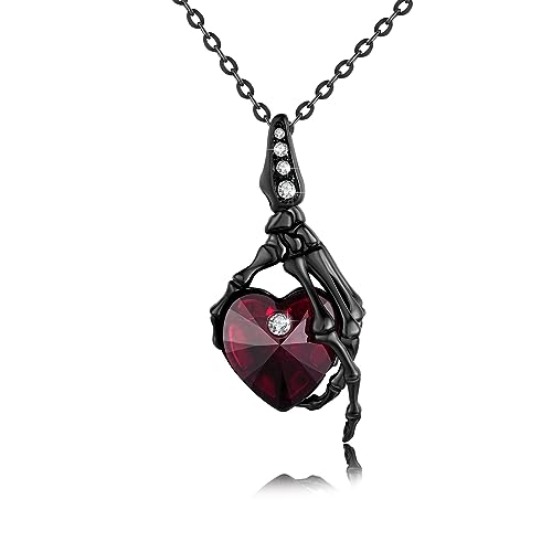 Skull Necklace 925 Sterling Silver Skeleton Skull Hand Pendant Necklace with Heart Crystal Gothic Punk Skeleton Jewelry Gifts for Women Christmas Halloween Birthday