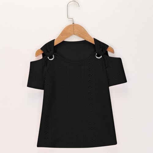 Girls Cold Shoulder Eyelet Blouses Short Sleeve T-Shirts Cotton Tees for Tween Girls Trendy T-Shirt Loose Casual Tops4