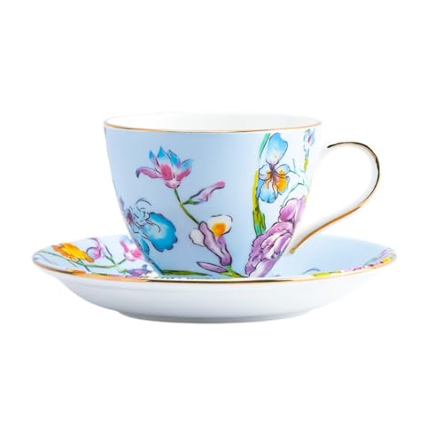 Image of GOLDEN QUEEN'S Cup & Saucer Set | Perfect for Hosting & for Tea /Coffee Lovers | Handcrafted in India, Inspired by Florals & 24-Carat Gold Rim | 6 Cups & 6 Saucers |170 ml - Blue Floral Songbird