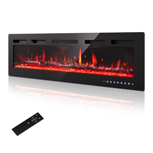 PURFINO Chimenea Eléctrica 60'/152cm – Llama 12 Colores & Crujido, 900W/1800W, Termostato Preciso (15-30°C), Pantalla Táctil & Mando – Ideal para Paredes Multimedia