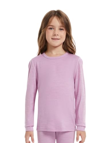 woolcano Kids Unisex 100% Merino Wool Base Layer Tops Lightweight Thermal Underwear Shirt Violet 9-10