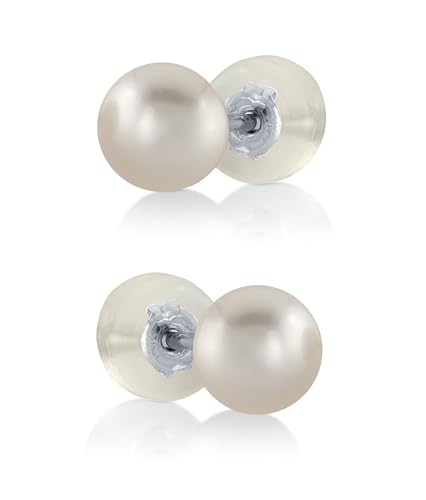 THE PEARL SOURCE Real Pearl Stud Earrings for Women, 14K White Gold Genuine AAA Cultured Japanese Akoya Pearls, Classic Round White Pearl Earrings for Women, Fine Jewelry Gift