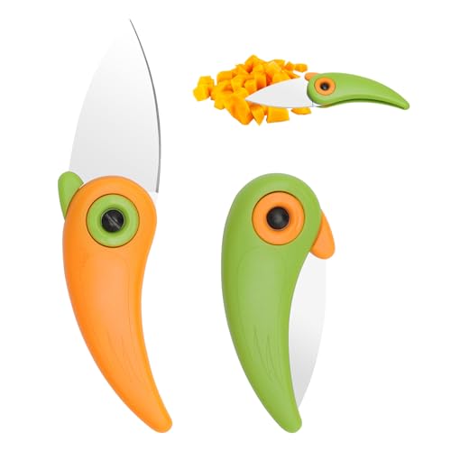 TMZELOA 2PCS Multifuncional Pelador Cortador Portátil, Pájaro de Bolsillo Plegable del Cuchillo Cortador Pequeño Cuchillo Plegable con Hoja Afilada de 5 cm, Cuchillo de Fruta con Forma de Loro