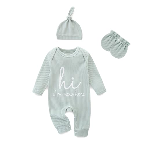 Jomixa Newborn Girls and Boys Romper, Hi I’m New Here Long Sleeve Cotton Baby Clothes, Preemie Coming Home Outfit (Green, 0-3 Months)