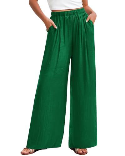 KIRUNDO Flowy Pants for Women Summer 2026 Wide Leg Palazzo Pants Elastic Waist Lounge Trousers Pockets Beach Vacation Outfits(Green Medium)