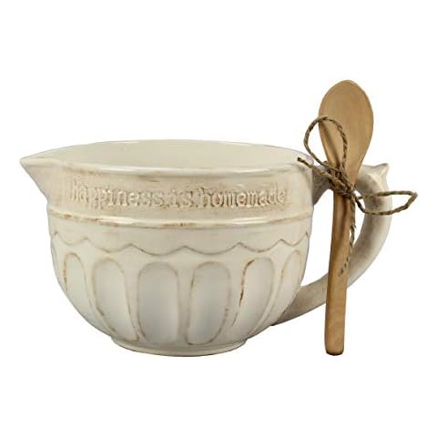 Young's Inc. Ceramic Mixing Bowl with Wooden Spoon, Country Style Ceramic Bowl with Handle and Pour Spout, 8" x 7" x 5", Perfect for Mixing, Whipping, Modern Farmhouse Decor Cover