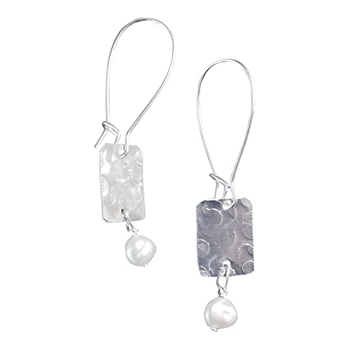 Handmade Lightweight Womens Dangle Rectangle Earrings with White Pearls Beads by Bettina