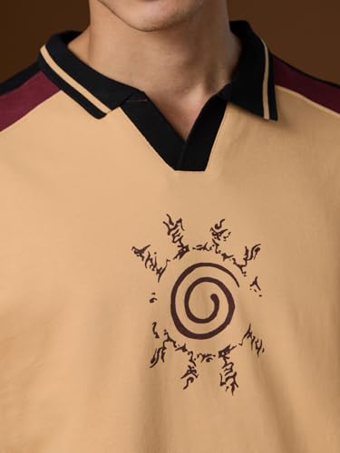 Image of The Souled Store Naruto: Kurama's Fury Men and Boys Short Sleeves Collared Neck Beige Graphic Printed Cotton Oversized Polos