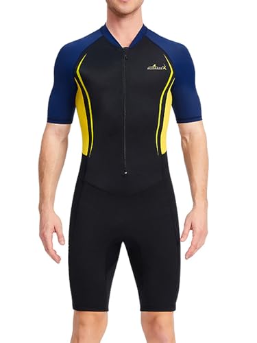 Eandarui Men Rash Guard 1.5mm Neoprene Wetsuit Leotard Shorty Swimsuit Sun Protection Swimwear for Surfing Diving Black&Yellow Large
