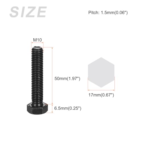 Image of METALLIXITY Hex Bolts (M10-1.5x50mm) 10Pcs, 12.9 Grade Carbon Steel Fully Threaded Black Oxide, Coarse Thread UNC Hex Head Screw Bolt - for Mechanical Repair