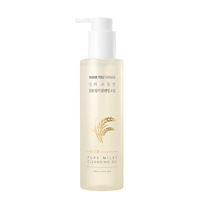 THANKYOU FARMER Rice Pure Milky Cleansing Oil 200 ml – Aceite de limpieza facial, aceite limpiador coreano, cuidado de la piel coreana, extracto de arroz coreano, Vegan, Non-comedogenic