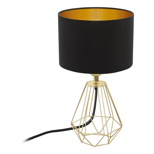 EGLO Lámpara de mesa CARLTON 2, lámpara de mesa vintage con 1 bombilla, lámpara de mesita de noche de acero y plástico, colores dorado, negro, casquillo E14, interruptor incluido