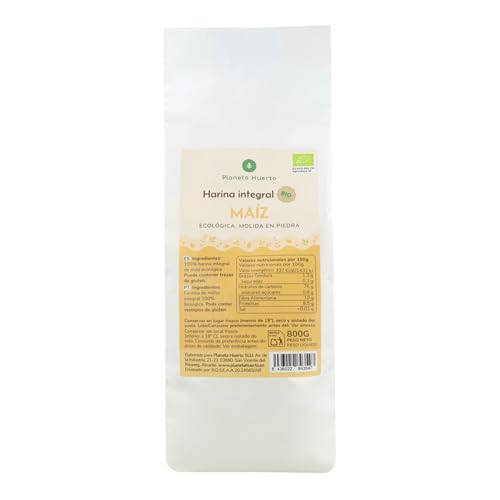 PLANETA HUERTO | Harina de Maíz Integral Ecológica 800 g – Harina Alta en fibra, baja en grasa y sin gluten, 100% maíz molido ideal para panes, repostería y recetas tradicionales