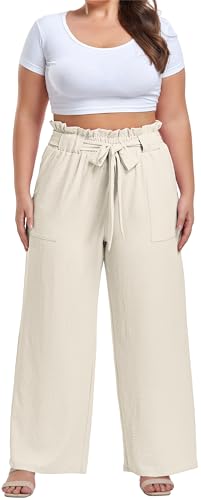 Image of OLRIK Women's Plus Size Pants Adjustable High Waisted Wide Leg Palazzo Pants Casual Trousers with Pockets Spring Clothes