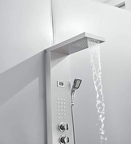 Columna de ducha moderna para baño de acero inoxidable con mango, ducha de mano, surtidor de bañera y sistema de masaje, acabado cromado miniatura 3