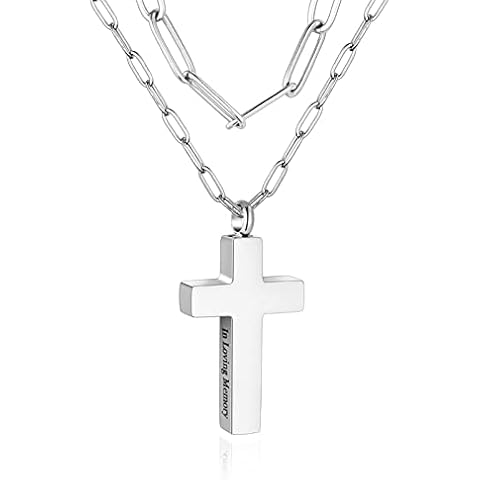 Layered Cremation Necklace for Ashes Stainless Steel Cross Urn Pendant Ashes Holder Memorial Jewelry - In Loving Memory, Stainless Steel, stainless steel Cover