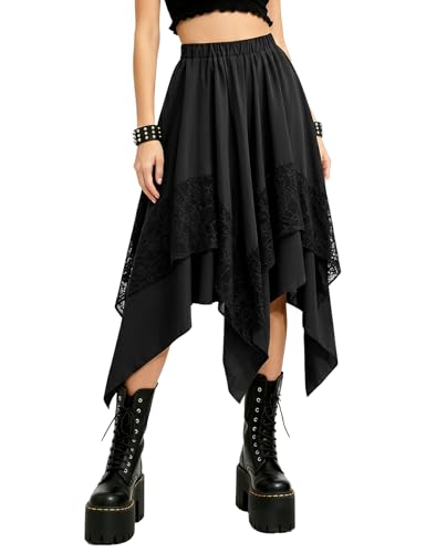 Yimoon Womens Renaissance Skirt Asymmetrical Flowy Goth Skirt(Black-M)