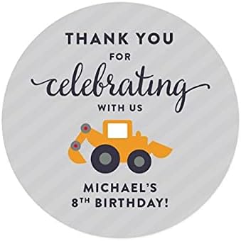Andaz Press Personalized Birthday Round Circle Labels Stickers, Thank You for Celebrating with Us, Construction Truck Digger, 40-Pack, for Gifts and Party Favors, Custom Name