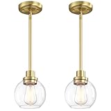 gernehop 2 Pack Globe Pendant Light Gold Mid Century Modern Light Fixture, Clear Glass Pendant Lights Kitchen Island Pendant Lights Brushed Brass Finished with Clear Glass Lampshade