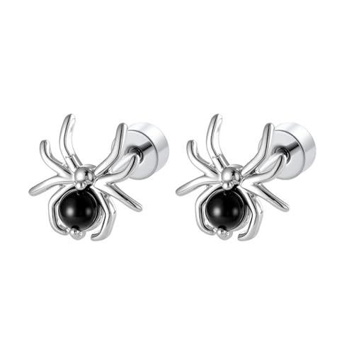 Punk 20g Spider Flat Screw Back Stud Earrings for Women Men Titanium Steel Silver Plated Cute Colorful Stone Animal Cartilage Tragus Helix Piercing Studs Gothic Halloween Party Jewelry (Black)