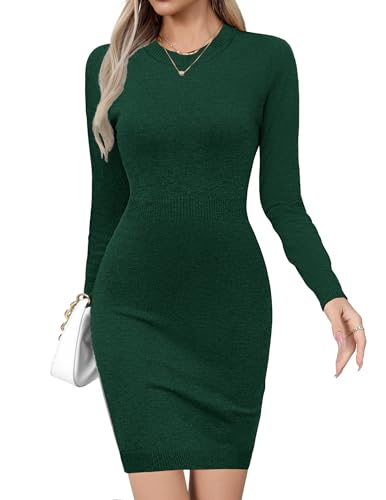 Zeagoo Damen Kleid Langarm Pulloverkleid Elegant Strickkleid Strick Bodycon Winterkleid Casual Tunika Herbstkleid Einfarbig Minikleid Grün L