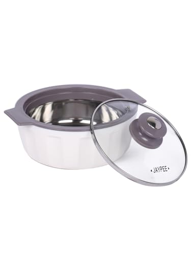 Image of JAYPEE Glamerole Inner Stainless Steel Serving Casserole | Toughened Glass Lid PUF Insulated Hot Pot Hot Box for pulao Roti Box Small Casserole| Food Grade | 800 ml, White