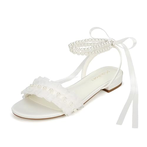 Pearl Wedding Flats for Bride Open Toe Bridal Sandals Flat Wedding Shoes for Bride