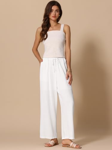 Allegra K Linen Pants for Women's 2025 Summer High Waist Drawstring Lightweight Long Palazzo Gauze Pants4