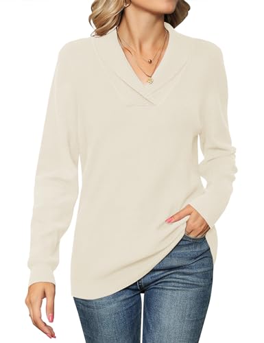 Ivicoer Sweater for Women Dressy Pullover Shawl Collar V Neck Knit Ladies Long Sleeve Polo Casual Tops Fall Winter Trendy Beige