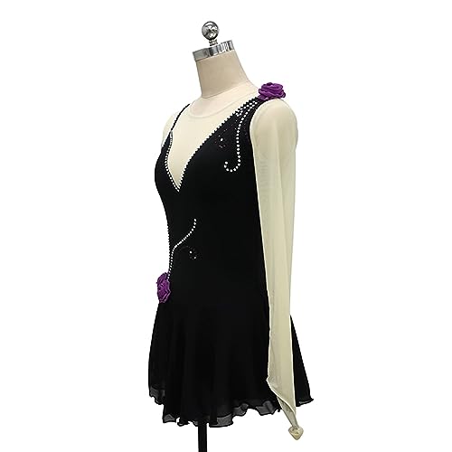 Vestido de patinação artística, simples linhas de flores strass Competição de patinação artística Tr