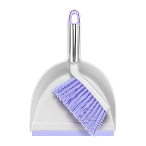 NACENA Mini Broom and Dustpan Set Small Dust Pan and Brush Set with Handle Dustpan Teeth for Cleaning Hair Suitable for Office Desks Drawers Sofas Outdoor Camping Light & Purple