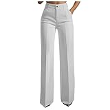 Damen Anzughose High Waist Weites Bein Straight Leg Bootcut Palazzo Hose Bundfaltenhose Stoffhose Elastisch Komfortabel Einfarbig Mit Taschen Elegant Business Casual Für Alltag Formell (White, M)
