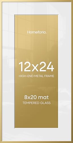 Image of Homeforia 12x24 Picture Frame Gold, High End Metal 12x24 Poster Frames with Mat 8x20 inch Photo, 12 x 24 Gold Frames Matted to 8 by 20 Print, 24x12 Panoramic Frames, Tempered Glass, Wall Kit, Set of 3