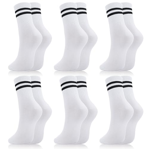 Image of Womens Crew Socks Striped Trim Casual Crew Socks Mid Calf Ankle Sock Vintage Retro Gym Running 6 /8 Pack