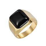 HIJONES Hombre Acero Inoxidable Banda de Declaración Cuadrada de Ojo de Tigre Única Pulida Anillo de Boda Dorado Piedra Negra Talla 25